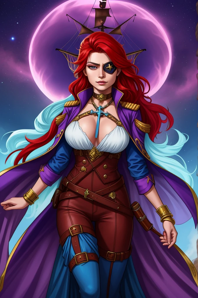 Imagine a dynamic portrait of Captain Alexandra Nelly, a fearless sky pirate hunter with a vibrant and complex background. She stands confidently, embodying both her human and mystical air spirit heritage. Her bright red hair, infused with streaks of purple, flows freely, symbolizing her wild spirit and connection to the sky. Her facial expression is determined and fierce, marked by a significant slash across one side of her face, a remnant of a pirate attack. This injury has left her with a unique eye that glows with a soft blue magic, a direct link to her air spirit mother. Though she often covers this magical eye with an eye patch, for this portrait, we see the glow peeking out, hinting at her ability to see magic directly. She's dressed in attire befitting her role as a captain who hunts pirates and frees slaves, blending practicality with the flair of high adventure. Her outfit is a mix of rugged leather and flowing fabrics, suggesting both her toughness and her connection to the air. Around her, the hint of a magical, ethereal ship suggests her quest to find her father and the living ship named after her mother, highlighting her deep personal stakes in her adventures across the sky islands full body shot