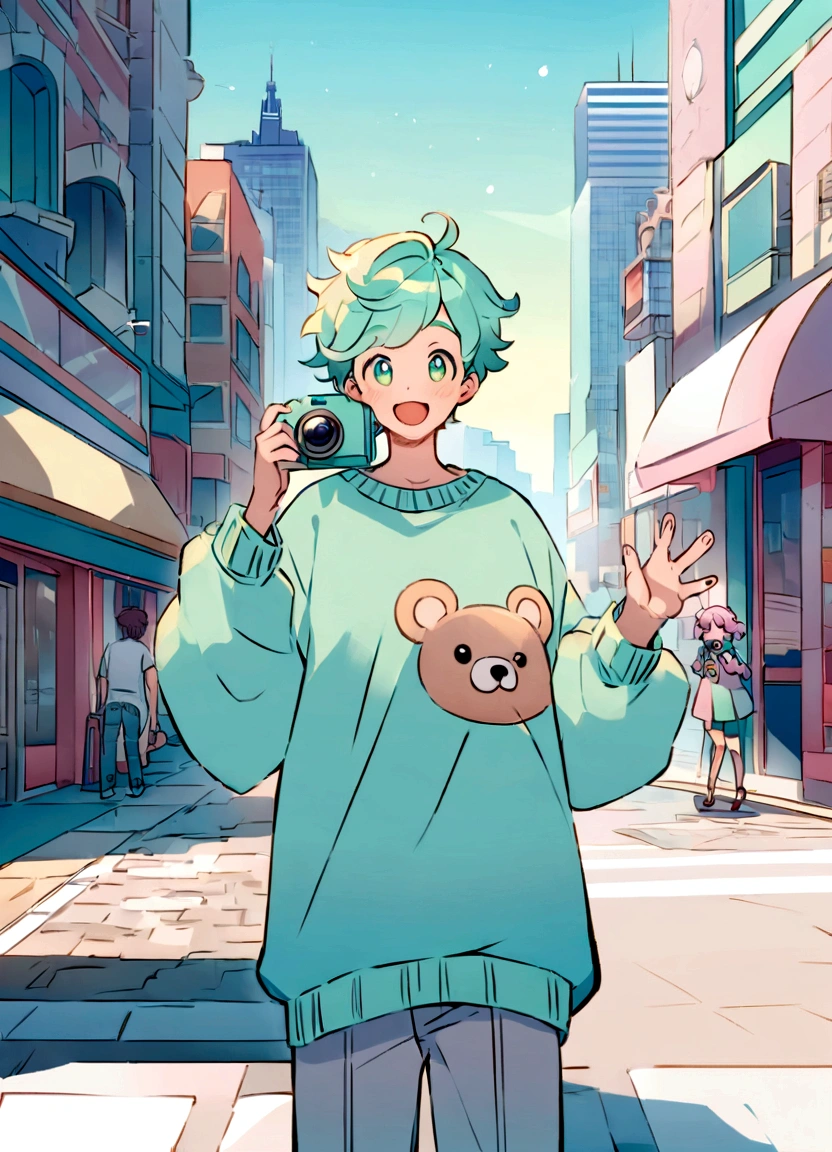 "Create a digital illustration of an excited boy standing in the heart of a busy city street. He is dressed in a loose, oversized light green sweater with adorable heart and bear designs on it. His hair is styled in a playful, messy fashion. The boy is holding a camera and smiling joyfully. The background should showcase a dynamic urban scene with tall buildings, storefronts, and cars on the road, using pastel colors and light tones. The overall art style should be light and whimsical, with a focus on soft green and pastel hues to match the boy's outfit and the cityscape."