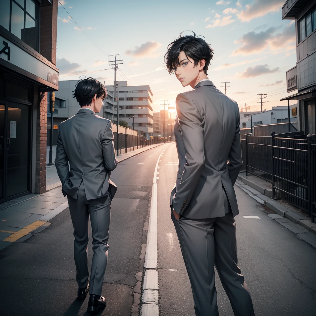 Anime style, 1boy, short black hair, light blue eyes, wearing all grey suits, street, sunset, high res, ultrasharp, 8k, masterpiece, looking at viewer from behind