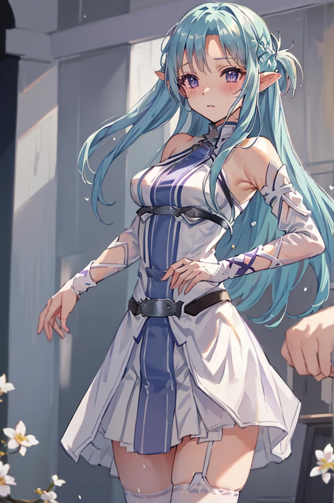 Asuna,Wet, Blonde, white crown goodid, Purple ribbon on hair, white flowers on hair, white lingerie, X Hair Ornament, Purple eyes, Long Hair, Medium chest, Fox Ears, Fox Girl, One girl, alone,
(masterpiece:1.1), (Highest quality:1.1), (Super detailed:1.1), (figure:1.1), Medium chest, lingerie, good, panties, Camel Toe, lacy white lingerie, Cleavage cutout, abdomen, View your viewers, Cowboy Shot, Blushing