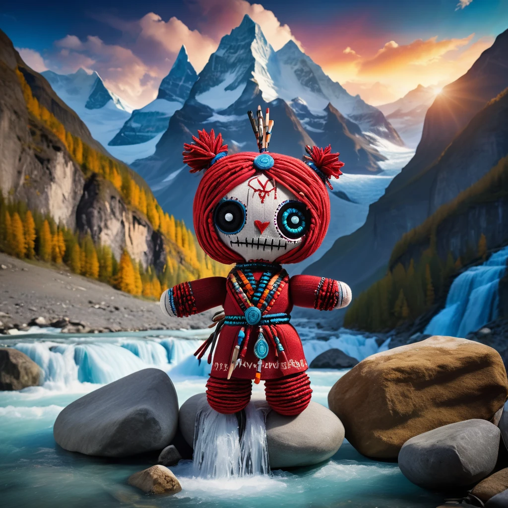 (knitted toy voodoo doll:1.6), (Voodoo Guardian of the Mountains:1.3), (Clothing mountain robe with stones and crystals:1.0), (in the background majestic mountains with glaciers and waterfalls:1.3), best quality, masterpiece, detailed soft oil painting, detailed background, dramatic cinematic lighting, soft edge lighting, professional, dramatic lighting, hard edge lighting, ultra quality, 4k, masterpiece, best quality, 8k, ultra high definition, high resolution, extremely detailed