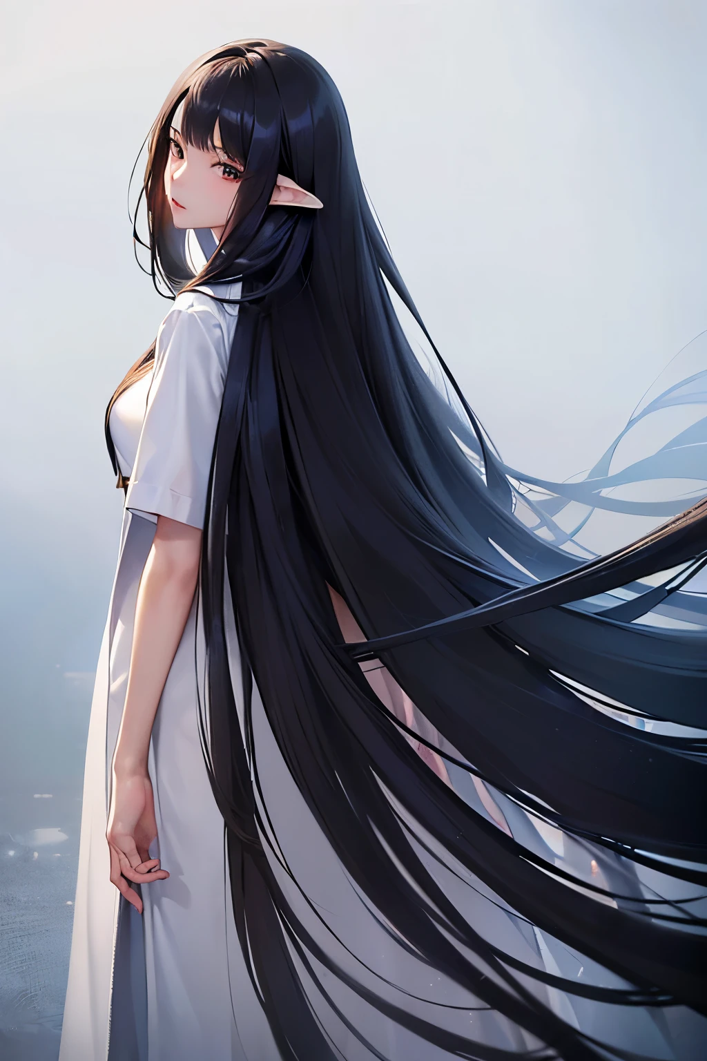 (best quality), (Masterpiece:1.2), (realistic, photo-realistic:1.2), (Highly Detailed Face and Skin Texture), (full body shot from behind:1.1), (20 years old Japanese idol), cute face, Whitening Skin, Double Eyelids, (Absurdly Long Hair:1.5), (slim figure), (flat bust:0.9), long legs, (Black Straight Hair),(black long coat)