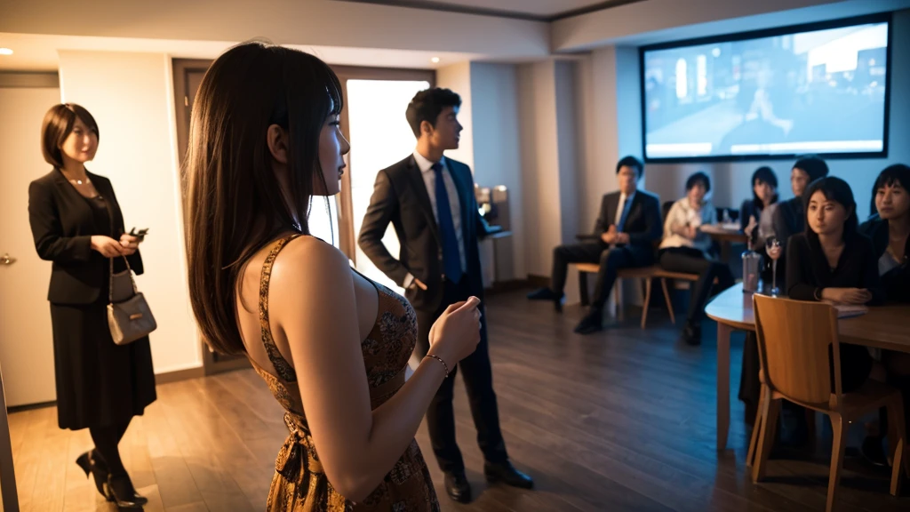 At the party venue、A woman stands there, unable to join in the conversation