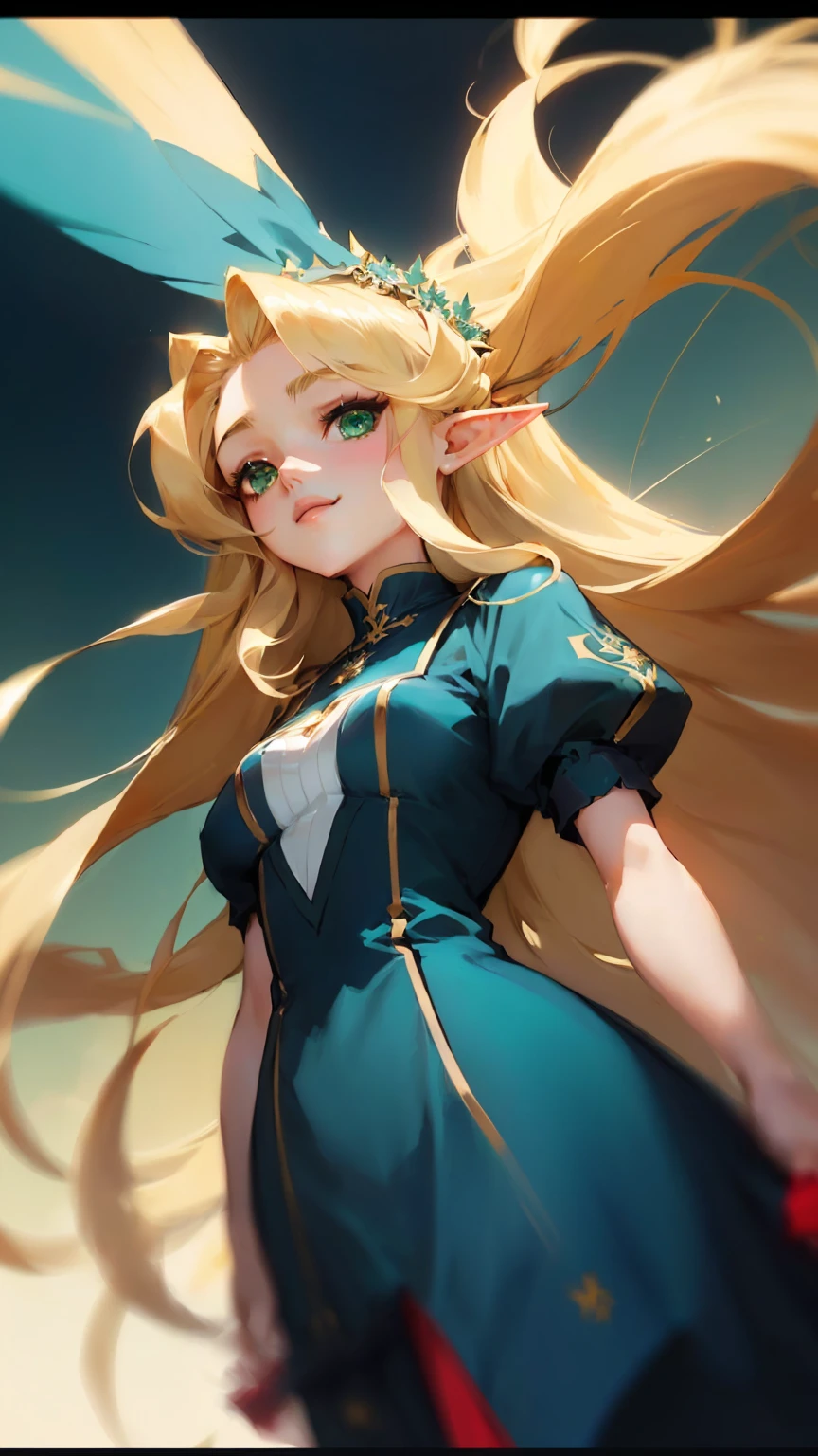 anime - style image of a woman with long curly blonde hair, [a transparent green dress:NSFW], portrait knights of the zodiac girl, extremely pointy medium breasts, wide hip, thick-thighs, portrait of zelda, , artgerm and atey ghailan, 极其详细的Artgerm, cushart krenz arte chave feminino, artgerm no artstation pixiv, elf girl, ! artgerm dream, style artgerm