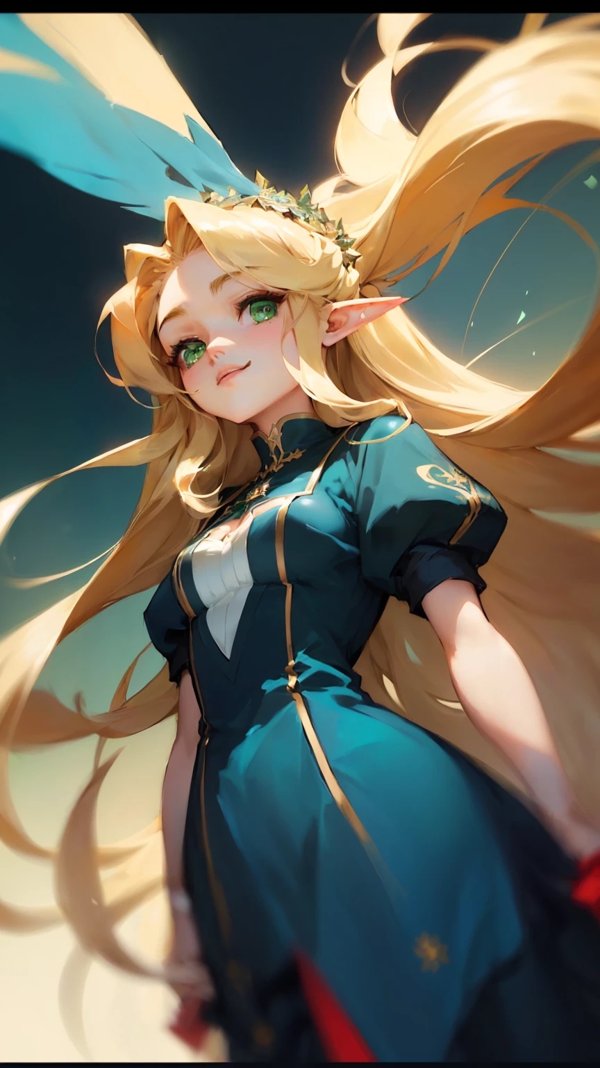 anime - style image of a woman with long curly blonde hair, [a transparent green dress:NSFW], portrait knights of the zodiac girl, extremely pointy medium breasts, wide hip, thick-thighs, portrait of zelda, baby face, artgerm and atey ghailan, 极其详细的Artgerm, cushart krenz arte chave feminino, artgerm no artstation pixiv, elf girl, ! artgerm dream, style artgerm