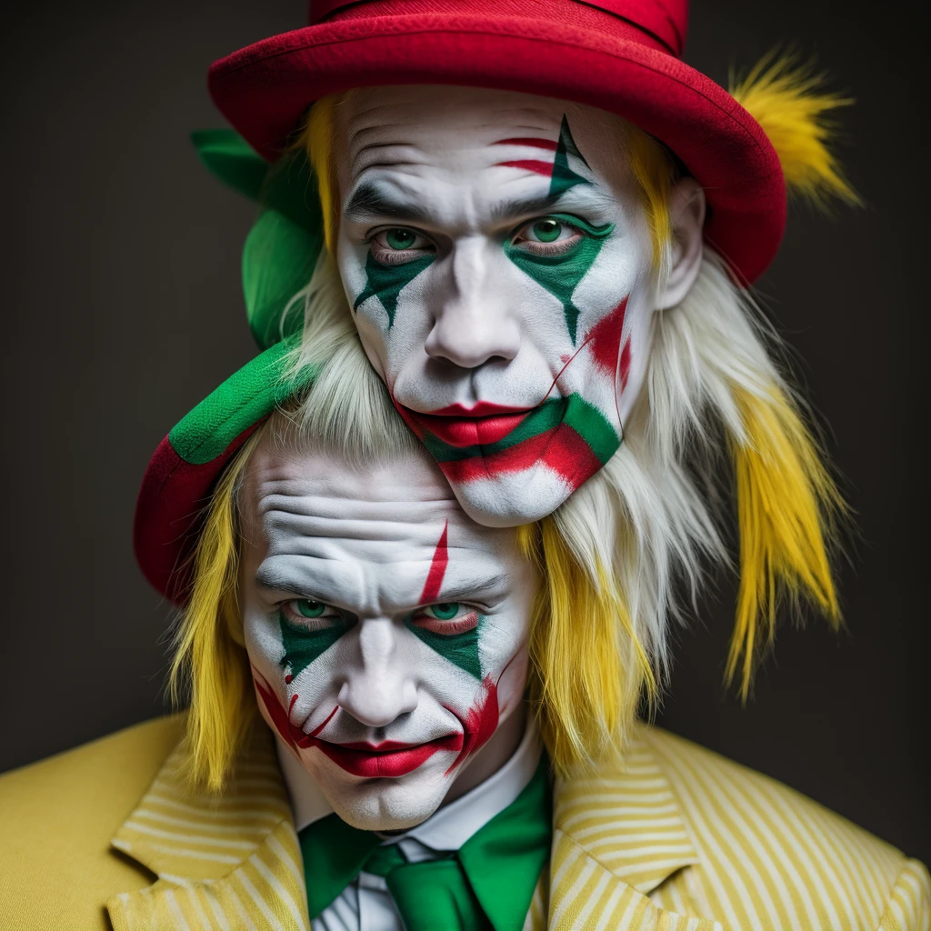 hair is yellow,The hat is striped in three colors,Realな人間,Illustration is different,clown,Joker,顔whiteい,Cross painted on eyes,Yellow hair,Three-color hat(red,green,white),whole body,4K,high resolution,uncle,Real,Real Humans,Man in his 40s,帽子はwhiteとgreenとredのストライプ,Star-patterned clothing,whiteの手袋,口に大きくredいペイント,帽子はwhiteとredとgreen,whole bodyはgreenとredとwhite