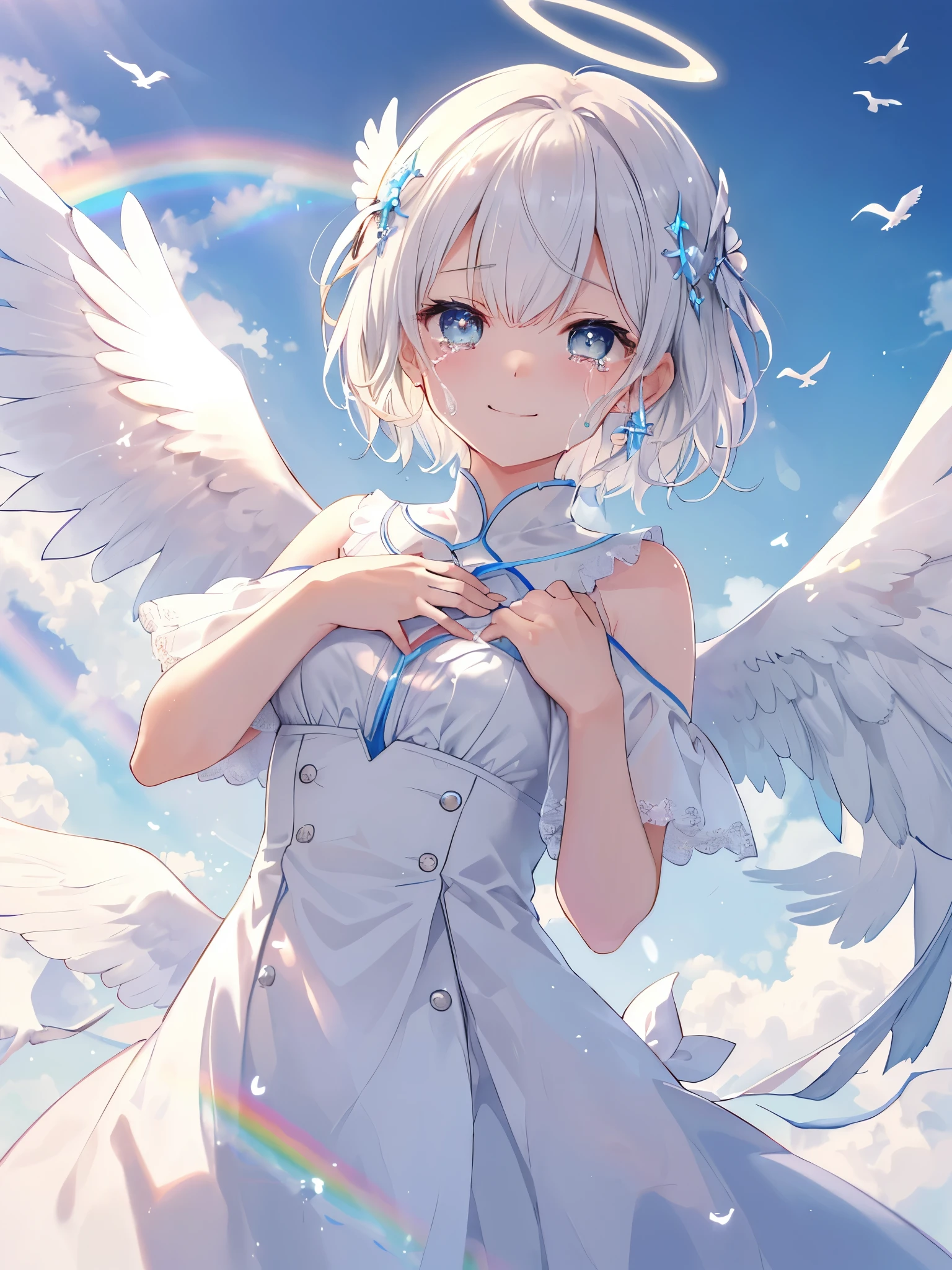 (((Extreme close-up　tears　smile　Low - Angle　Dove of peace　Angel Halo)))　((輝くtears　Rainbow Eyes　Short Hair　Receiving the light　Rainbow light　Place your hand on your chest))　(Shining Edge　　Pillar of Light)