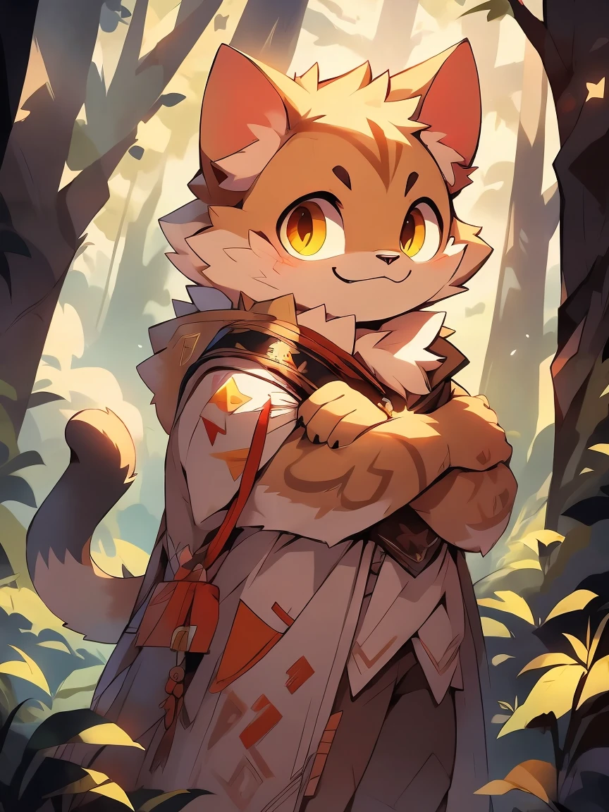 anthropomorphic cat,fluffy fur,Yellow and white patterned fur embellished,Handsome,Males,Alone,masterpiece,super high quality,in the forest,smiling,Energetic,rich in detail,standing,perfect,Whole body naked,High