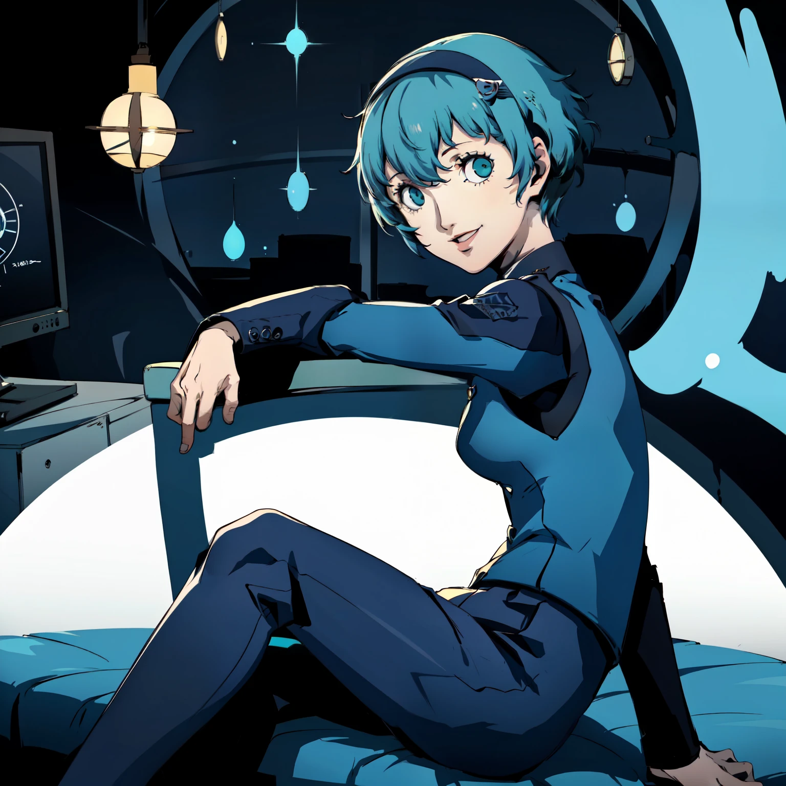 ((P3 Yamagishi Fuuka)),masterpiece, ((best quality)),((1 girl)), blue eyes, light aqua hair, female , tomboy Pixie haircut, deep blue suit,smiling,hacker,in the,dark room,sitting,looking monitor,long skirt,cute
