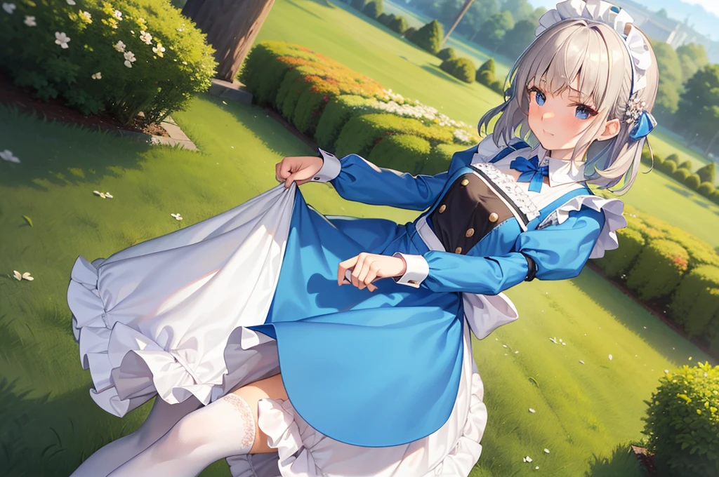 masterpiece, best quality,1girl, solo,whtie hair,medium hair,blue eyes,long sleeves,juliet sleeves,apron,maid,maid headdress,puffy sleeves,green dress,vest,buttons, white thighhighs,standing, looking at viewer, nose blush,