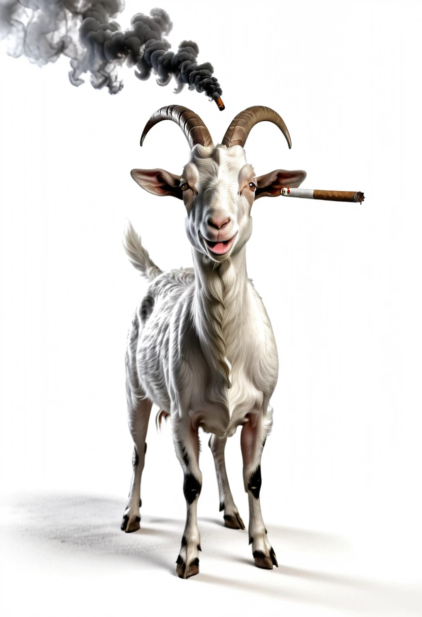a smoking goat, on white background, high-angle photo, soft light, 3d render, wide angle shooting, raw