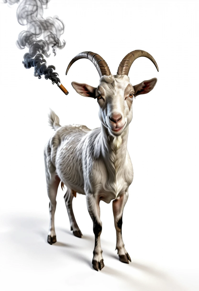 a smoking goat, on white background, high-angle photo, soft light, 3d render, wide angle shooting, raw