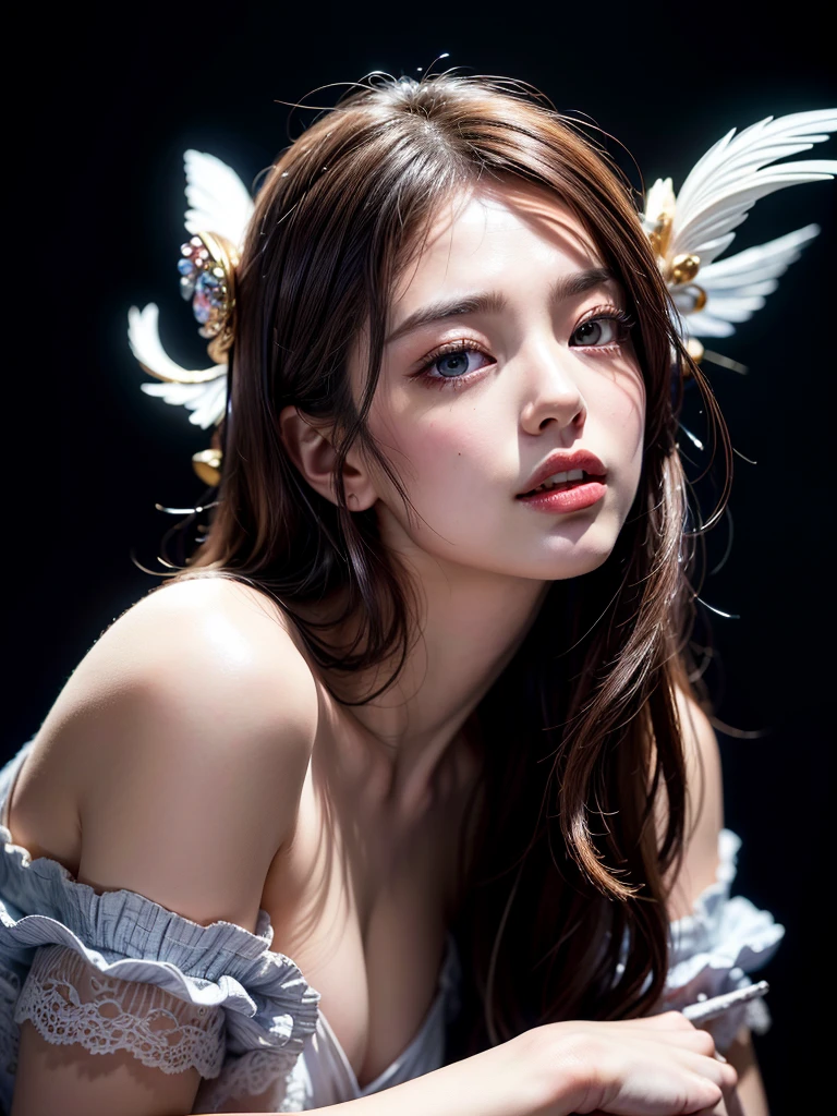 hyper realistic, angel, perfection beautiful face, wings covering body, Hyperrealism, Surrealism, depth of field, god rays, 8k, award winning, anatomically correct