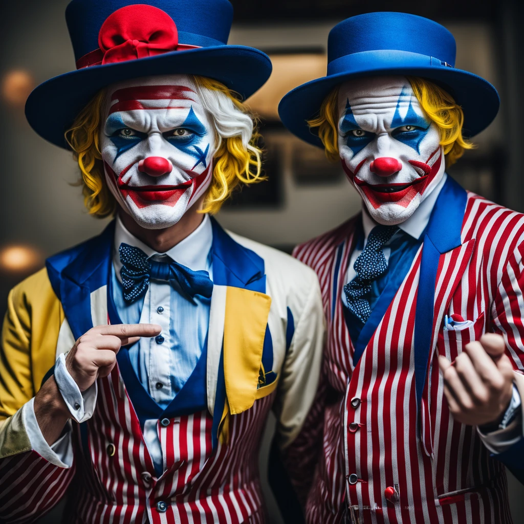 映画Jokerのような,hair is yellow,The hat is striped in three colors,Realな人間,Illustration is different,clown,Joker,Face white,Cross painted on eyes,Yellow hair,Three-color hat,whole body,4K,high resolution,uncle,Real,Real Humans,Man in his 40s,The hat is white, blue and red striped,Star-patterned clothing,White gloves,Big red paint on mouth,The hat is white, red and blue,whole bodyは青と赤と白