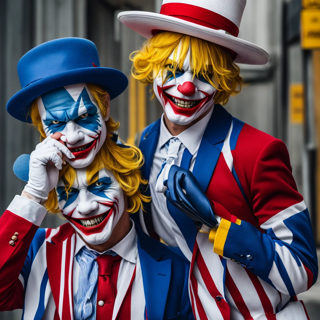 映画Jokerのような,hair is yellow,The hat is striped in three colors,Realな人間,Illustration is different,clown,Joker,Face white,Cross painted on eyes,Yellow hair,Three-color hat,whole body,4K,high resolution,uncle,Real,Real Humans,Man in his 40s,The hat is white, blue and red striped,Star-patterned clothing,White gloves,Big red paint on mouth,The hat is white, red and blue,whole bodyは青と赤と白
