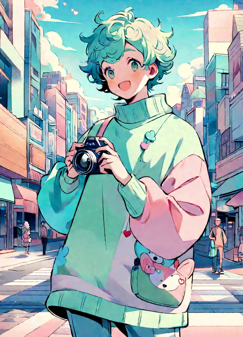 "Create a digital illustration of an excited boy standing in the heart of a busy city street. He is dressed in a loose, oversized light green sweater with adorable heart and bear designs on it. His hair is styled in a playful, messy fashion. The boy is holding a camera and smiling joyfully. The background should showcase a dynamic urban scene with tall buildings, storefronts, and cars on the road, using pastel colors and light tones. The overall art style should be light and whimsical, with a focus on soft green and pastel hues to match the boy's outfit and the cityscape."