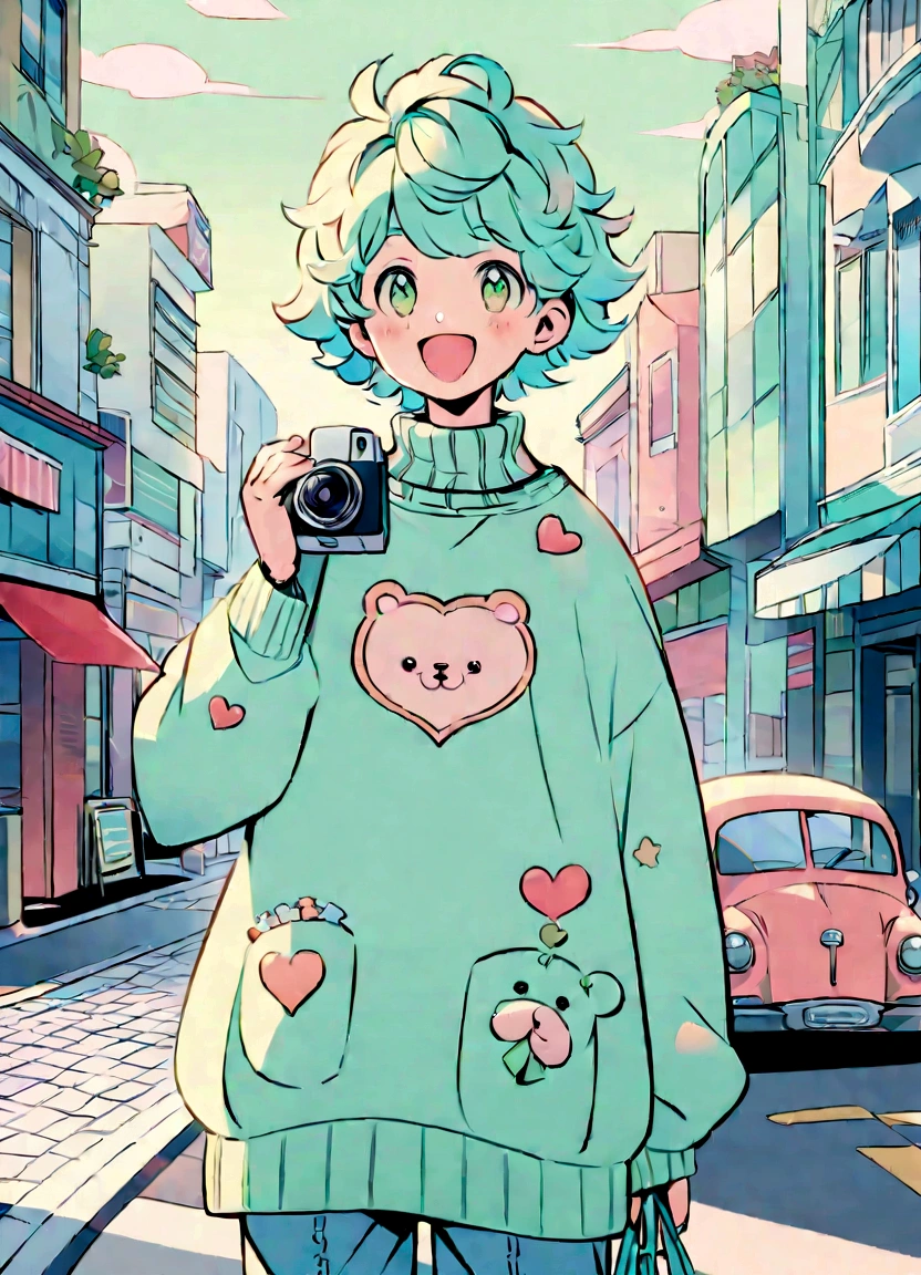 "Create a digital illustration of an excited boy standing in the heart of a busy city street. He is dressed in a loose, oversized light green sweater with adorable heart and bear designs on it. His hair is styled in a playful, messy fashion. The boy is holding a camera and smiling joyfully. The background should showcase a dynamic urban scene with tall buildings, storefronts, and cars on the road, using pastel colors and light tones. The overall art style should be light and whimsical, with a focus on soft green and pastel hues to match the boy's outfit and the cityscape."