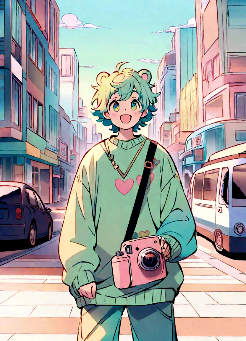 "Create a digital illustration of an excited boy standing in the heart of a busy city street. He is dressed in a loose, oversized light green sweater with adorable heart and bear designs on it. His hair is styled in a playful, messy fashion. The boy is holding a camera and smiling joyfully. The background should showcase a dynamic urban scene with tall buildings, storefronts, and cars on the road, using pastel colors and light tones. The overall art style should be light and whimsical, with a focus on soft green and pastel hues to match the boy's outfit and the cityscape."