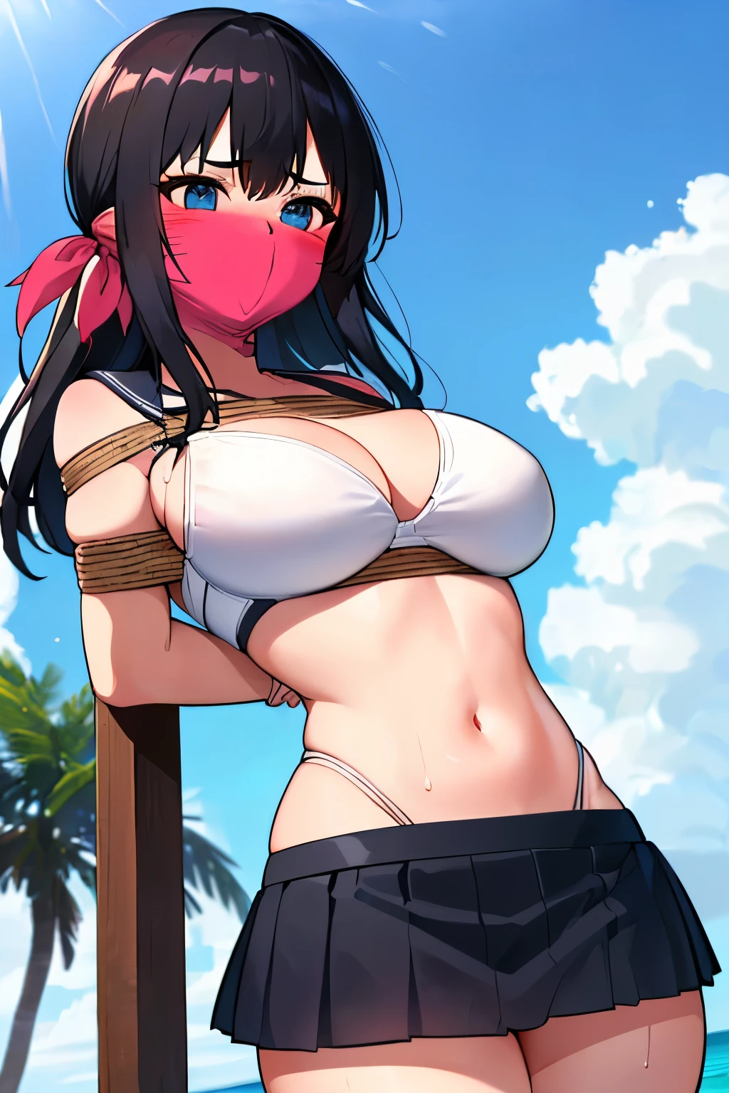 1 girl, detailed blue eyes, lange wimpern, detailed beautiful face, 4k quality, (Long black hair:1.4), (arms behind back:1.6), gefesselte Arme, Red rope, (blushing:1.3), (Big boobs:1.2), (White Bikini , schwarzer bikini mit hinten schnürung, black skirt with Bikini under, höschen mit seiten schnürung, school girl, 18 jears old:1.6), OTN, Gag, gagged, shibari, liegend im wasser, nah aufnahmen, wet skin, laying in beach water, liegend