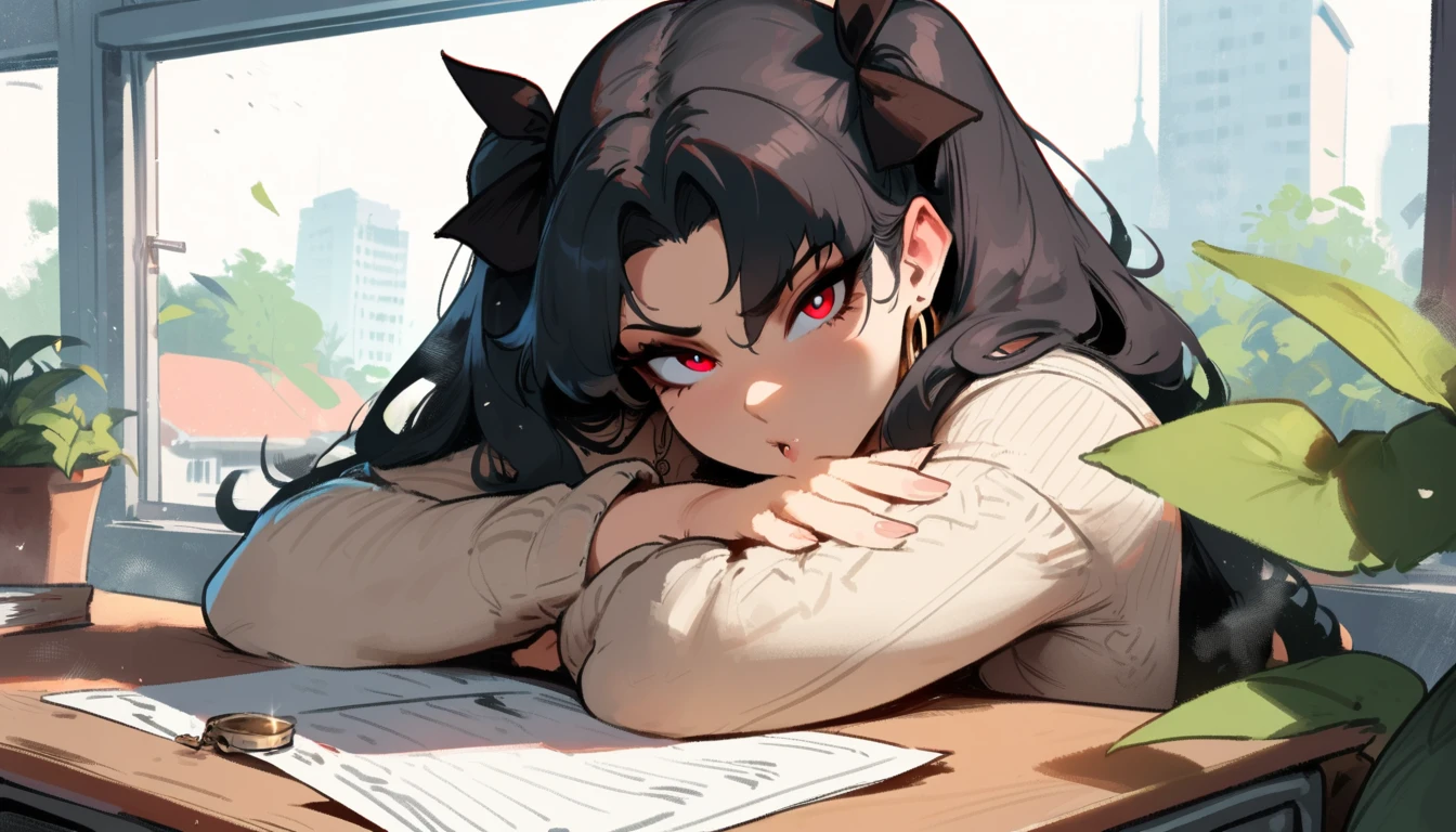 1girl, ishtar \(fate\), fate \(series\) \\\\\ masterpiece, best quality, very aesthetic, absurdres, newest \\\\\\ slim body,///// ,by nyantcha,cutesexyrobutts , by khyle,,////// beautiful face, sexy, red eyes, , at school, windows, greenery, sweater,skirt,at desk