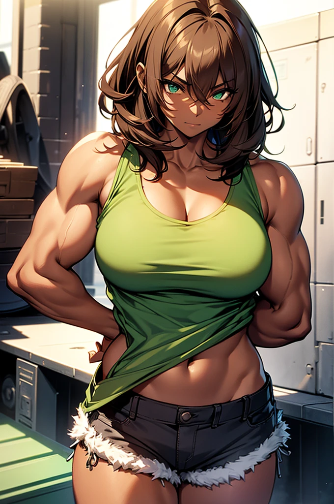 Masterwork, Best Quality, ultra-detailed, dynamic lighting, Photorealistic, Fubuki, black hair, green eyes, short hair, with gigantic breasts and wearing gym clothes, indoors with soft lighting, (light skin), (sweating) ,(beautiful scenery),(perfect face), masterpiece, blush, 1girl, solo, full body