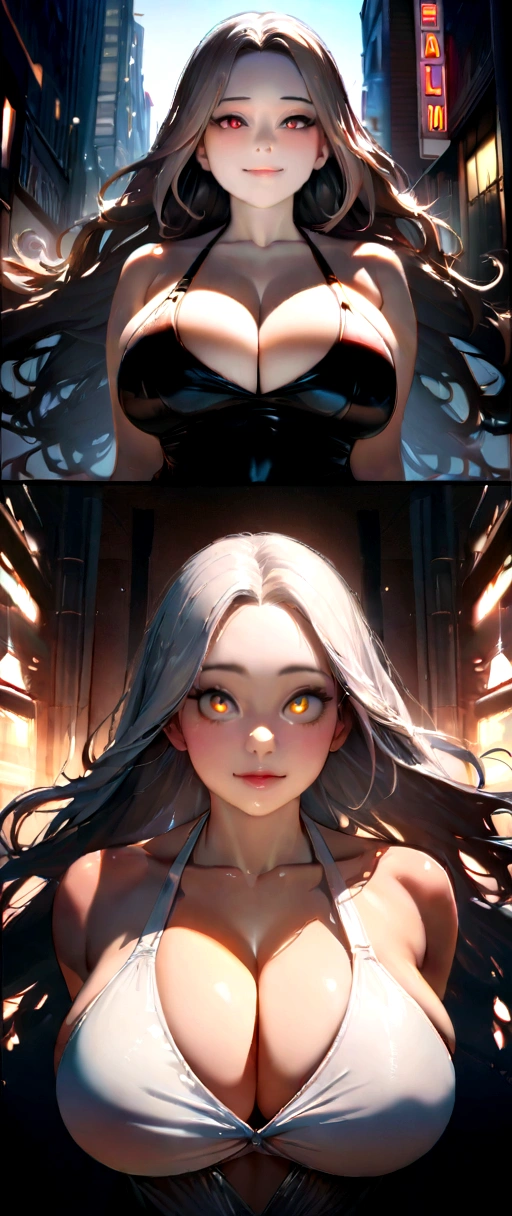 masterpiece, Highest quality, In 8K, Absurd, Upper body, White shirt, Beautiful girls, Beautiful face, Looking at the audience, Laughter, Surreal, High resolution, Sharp focus, Hmph, Face Light, Dynamic Lighting, Cinema Lighting, Professional Shadow, Beautiful cityscape background, Highest detail, Very detailed, Ultra-detailed, In detail, Real Skin, Delicate facial features, Detailed face and eyes, Sharp pupils、Realistic students、Random Swimsuit、Plump breasts、I can see her cleavage