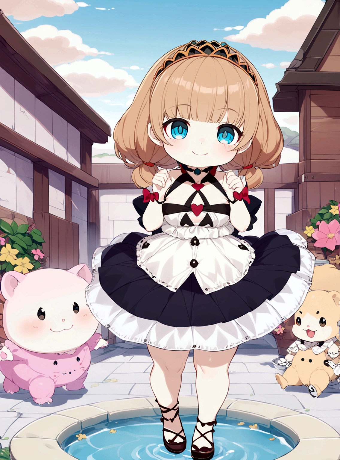 A chubby girl,With a happy smile, pants,