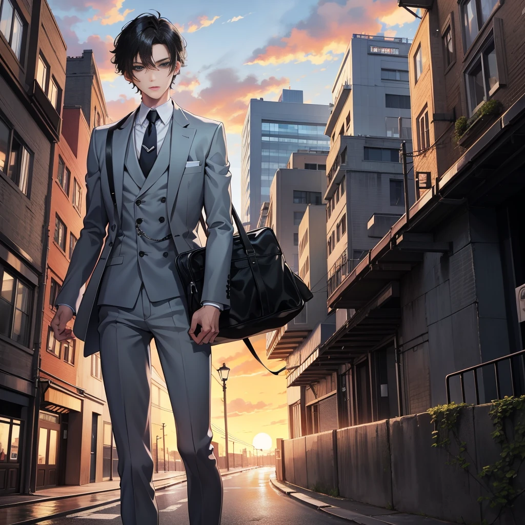 Anime style, 1boy, short black hair, light blue eyes, wearing all grey suits, street, sunset, high res, ultrasharp, 8k, masterpiece, looking at viewer from behind