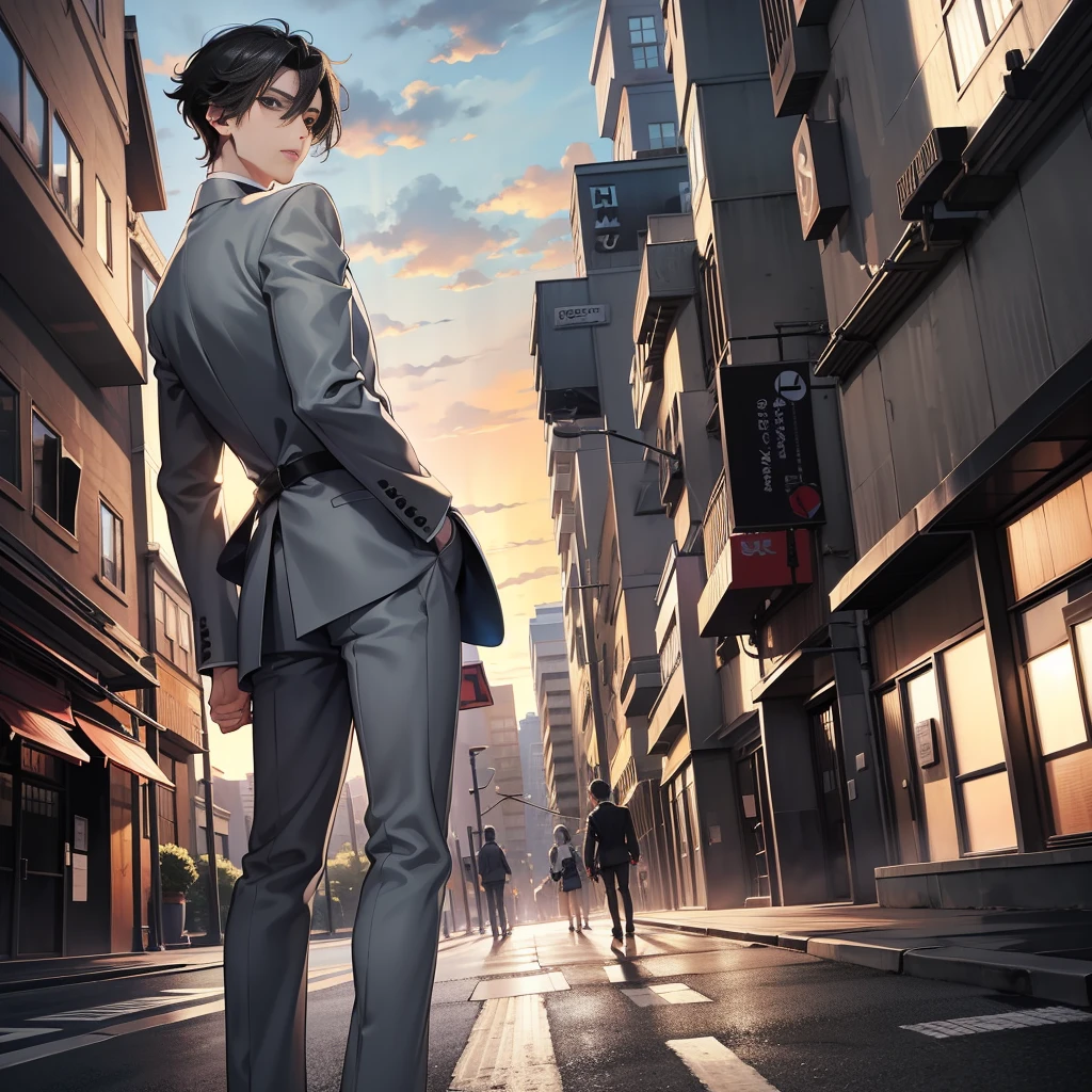 Anime style, 1boy, short black hair, light blue eyes, wearing all grey suits, street, sunset, high res, ultrasharp, 8k, masterpiece, looking at viewer from behind