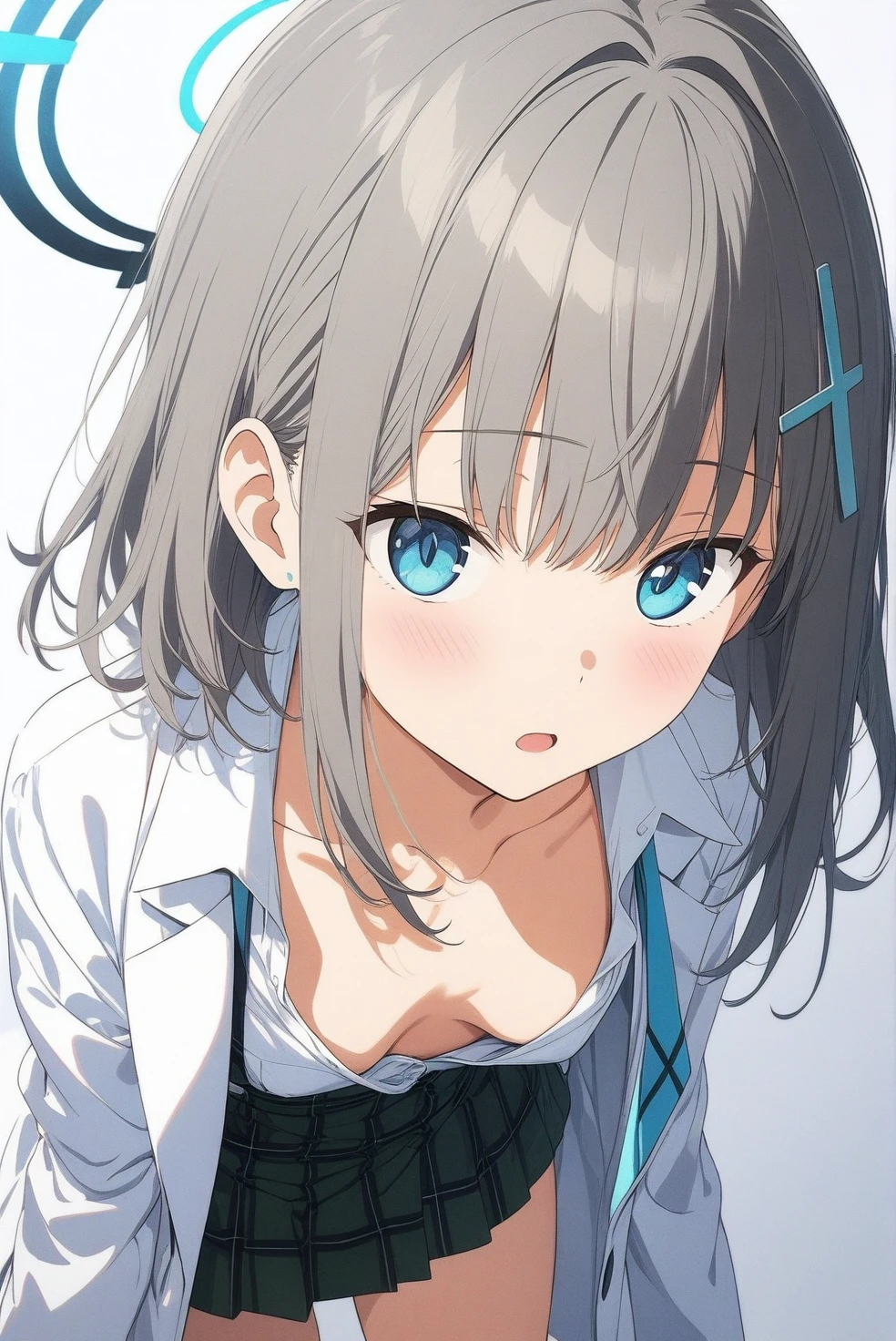 best quality, amazing quality, very aesthetic, absurdres, 1girl,shiroko (blue archive), blue archive, blue eyes, (artist official art:1.5), (realistic face:0.65), blush, breasts_apart, (loop writing:1.5), small breasts, orange color light, collarbone, commentary_request, cowboy_shot, downblouse, dress_shirt, green_skirt, hair_intakes, hanging_breasts, highres, lab_coat, leaning_forward, long_sleeves, looking_at_viewer, open_coat, open_mouth, sleeves_past_wrists, solo, white_background, white_shirt, nsfw, concept art, expressive eyes, perfect face, 4k, extremely detailed anime illustration, extremely detailed eyes, enhanced details, perfect anatomy, light rays, photo background, extremely delicate body, smooth skin, feminine expression, black background, cristal clear eyes, beautiful face