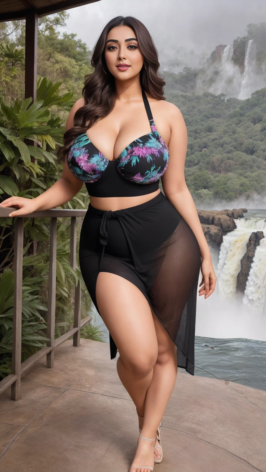 monali thakur Indian beautiful actress curvy plus size hour glass bulky huge figure woman, closeup camera view, big huge m-cup breast, wearing SHEIN Swim Vcay Plus Size Plants Printed Crisscross Halter Neck Tankini Swimsuit Suitable For Summer Beach Vacation Color: Black and White Color: Multicolor , covered Bust , elegant standing position, eye contact view, different style hairstyle, bright eyes, thin eyebrows, fair skin, blushing cheeks, prefect head to toe view, full body, and expansive views, ideal for high-fashion or editorial shoots, ultra realistic skin texture, head to toe view, full body shot, full body view, smile face, black hair, Indian face, perfect skin tone light, ultra realistic skin texture, bigger waist, busty, big hips, fleshy thighs, thick thighs, busty, full body view, Victoria Falls, Zambia/Zimbabwe: Majestic waterfall with dramatic views and misty rainbows