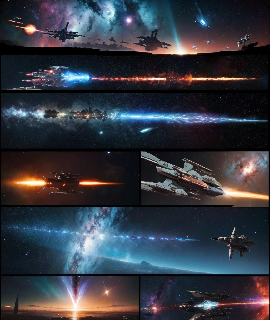 high quality, detailed, Galactic War, Dogfight,A Super huge space battleship like a SF movie,Great Galaxies and Nebulae and Superstars,