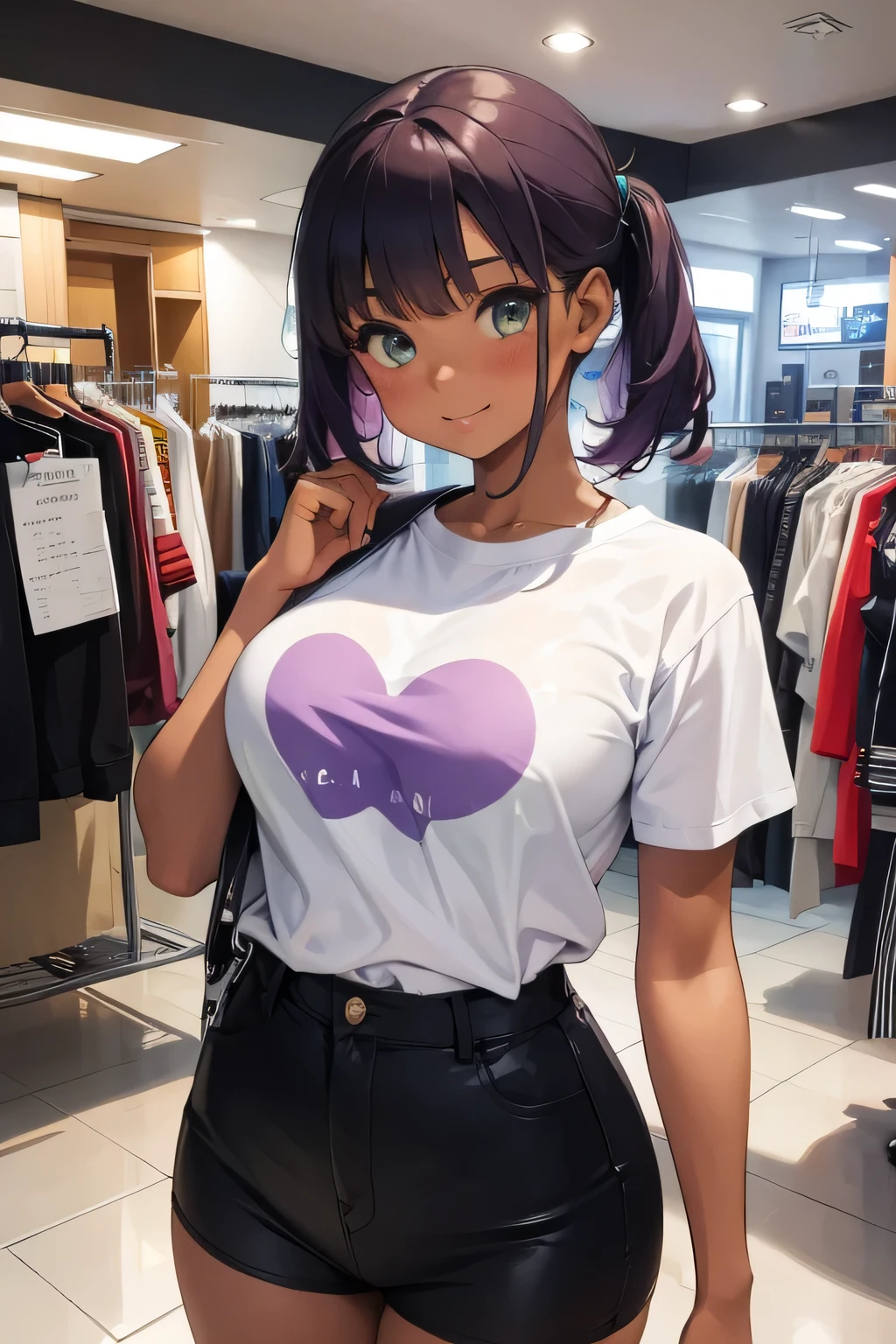 1 girl, single girl, cute, dark skin, tanned skin, short purple hair, green eyes, blushing, chubby, somewhat large breasts, kawaii aesthetic clothing, flirty clothing,  in a clothing store,