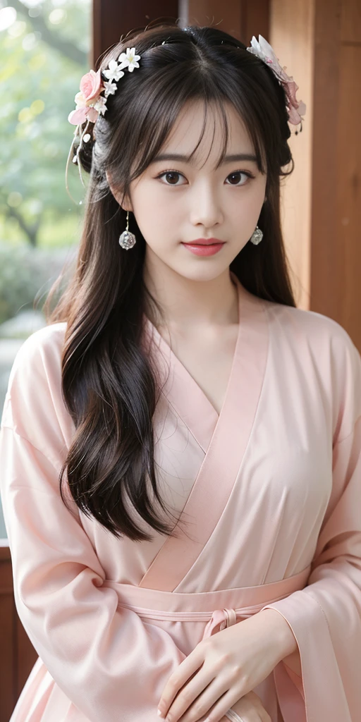 Super Quality, Masterpiece, High Resolution, 1Girl, Blush, (Charming Smile: 0.8), Star Eyes, Chinese Hanfu, Hair Accessories, Jewelry, Beauty, on_body, Tyndall Effect, Realistic, Peach Blossom Forest, Light Edge, Two-tone Lighting, (High Detail Skin: 1.2), 8K UHD, DSLR, Soft Light, High Quality, Volume Lighting, Voyeur, Photo, High Resolution, 4K, 8K, Background Blur