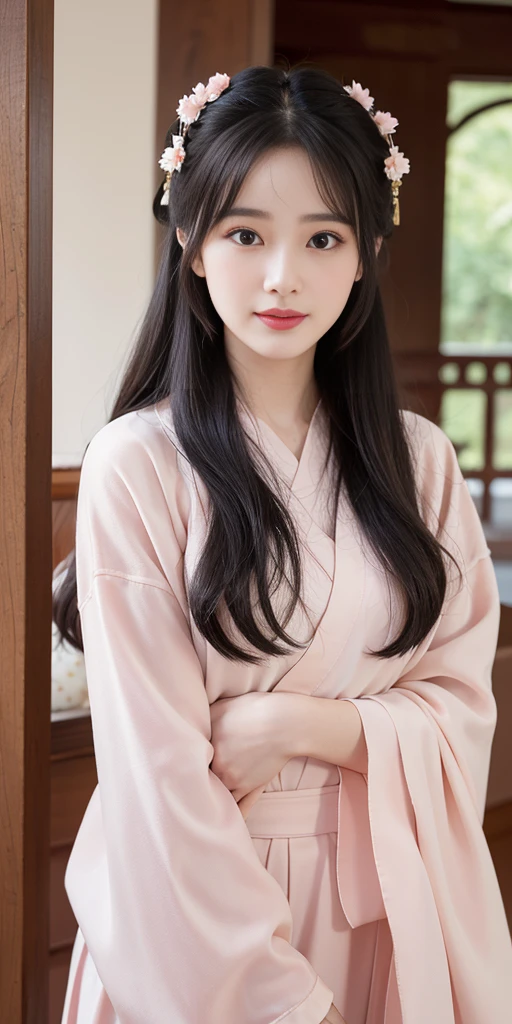 Super Quality, Masterpiece, High Resolution, 1Girl, Blush, (Charming Smile: 0.8), Star Eyes, Chinese Hanfu, Hair Accessories, Jewelry, Beauty, on_body, Tyndall Effect, Realistic, Peach Blossom Forest, Light Edge, Two-tone Lighting, (High Detail Skin: 1.2), 8K UHD, DSLR, Soft Light, High Quality, Volume Lighting, Voyeur, Photo, High Resolution, 4K, 8K, Background Blur