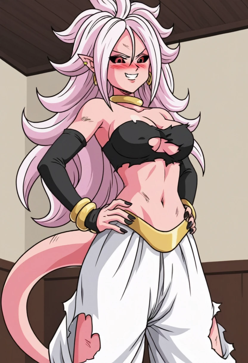 source_anime, score_9, score_8_up, score_7_up, anime screencap, 1girl, evil smile, exploding clothes, majin,, solo, long hair, breasts, earclip, white hair, earrings, detached sleeves, pointy ears, torn clothes, majin eyes, tube top, pink skin, android 21, teeth, breasts,, blush,  room, indoors, highres, navel, looking down, hands on stomach,
