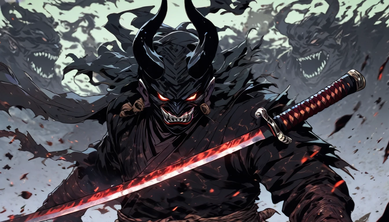 demon mask, sword on the hand,close up, black heavy detailed clothes, hand katana, art, dark and malevolent, hand sword, armor, powerful and intimidating, (masterpiece, best quality, ultra-detailed, best shadow), (detailed background, dark fantasy) dramatic light, intricate details, dark and malevolent, powerful and intimidating, Dark and foreboding, malevolent force, sinister and chilling, armor, high detailed background, girl in demon slayer art, demon slayer art style, epic anime art, God death