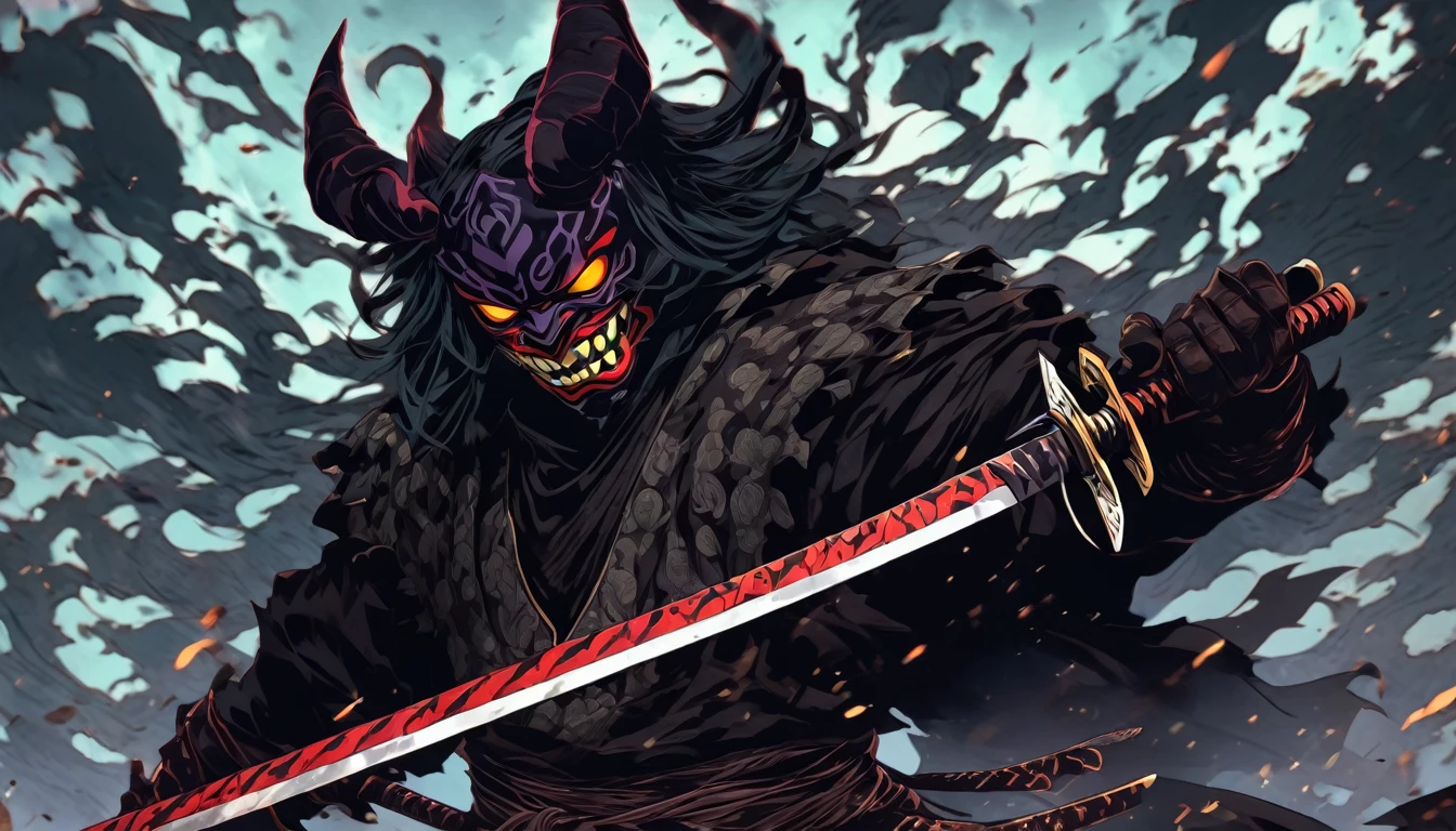 demon mask, sword on the hand,close up, black heavy detailed clothes, hand katana, art, dark and malevolent, hand sword, armor, powerful and intimidating, (masterpiece, best quality, ultra-detailed, best shadow), (detailed background, dark fantasy) dramatic light, intricate details, dark and malevolent, powerful and intimidating, Dark and foreboding, malevolent force, sinister and chilling, armor, high detailed background, girl in demon slayer art, demon slayer art style, epic anime art, God death