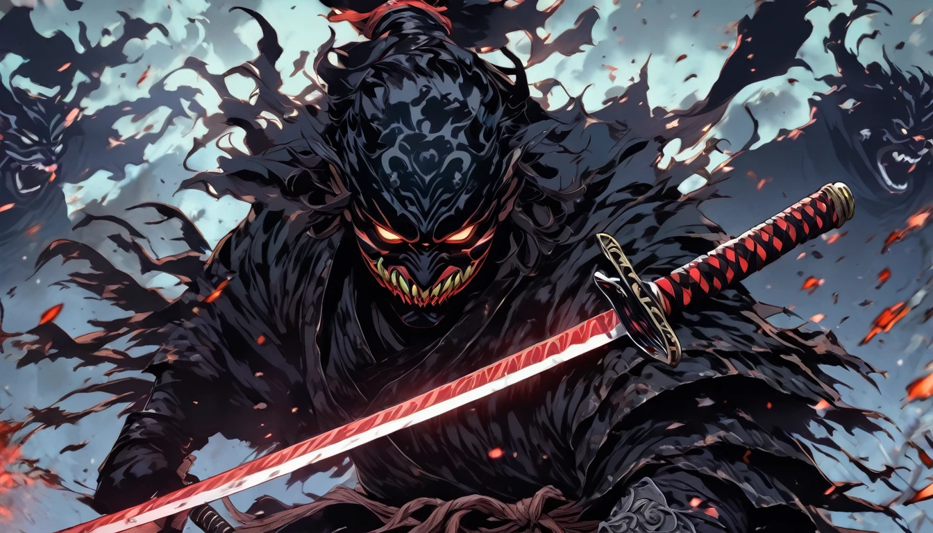demon mask, sword on the hand,close up, black heavy detailed clothes, hand katana, art, dark and malevolent, hand sword, armor, powerful and intimidating, (masterpiece, best quality, ultra-detailed, best shadow), (detailed background, dark fantasy) dramatic light, intricate details, dark and malevolent, powerful and intimidating, Dark and foreboding, malevolent force, sinister and chilling, armor, high detailed background, girl in demon slayer art, demon slayer art style, epic anime art, God death