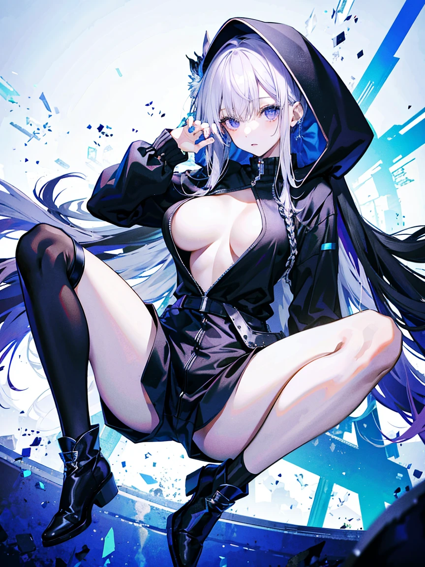 (Fine and beautiful eyes)、long hair,Long, blue-gray hair,Two moles under the eyes,Beautiful purple eyes,Detailed eyes,Detailed face,Large breasts,Black Hoodie、Thin legs,Long black boots、High resolution eyes、Jewel-like eyes、Straight Hair、Minimally revealing clothing、Short, oversized black shorts、Extreme Detail、High resolution、Shining Eyes