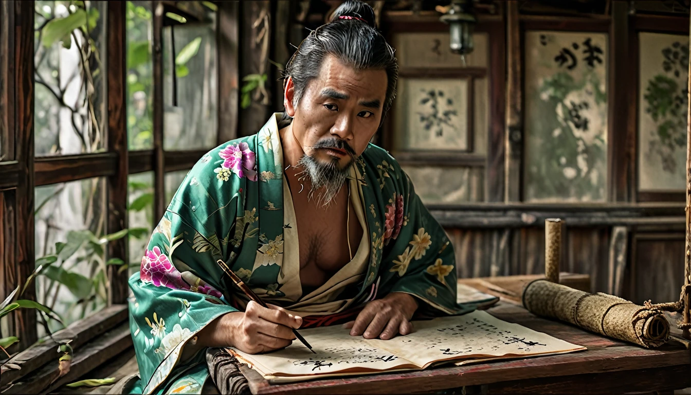 The location is a small study in the Meiji era. A middle-aged man writing on paper with a brush, in a shabby kimono, full body, wide angle, 4K (man) high resolution, sharp focus, (ultra detailed, highly detailed), (photorealistic artwork: 1.37), (highly detailed CG Unity 8k wallpaper), (((vibrant colors, vibrant theme))), (intricate), (masterpiece), (best quality), art photography, (photo by sldr), (intricate background), perfectly rendered face, perfect facial details, realistic face, photorealistic, ((intricate details)), (((realism))), full body, wide field of view,