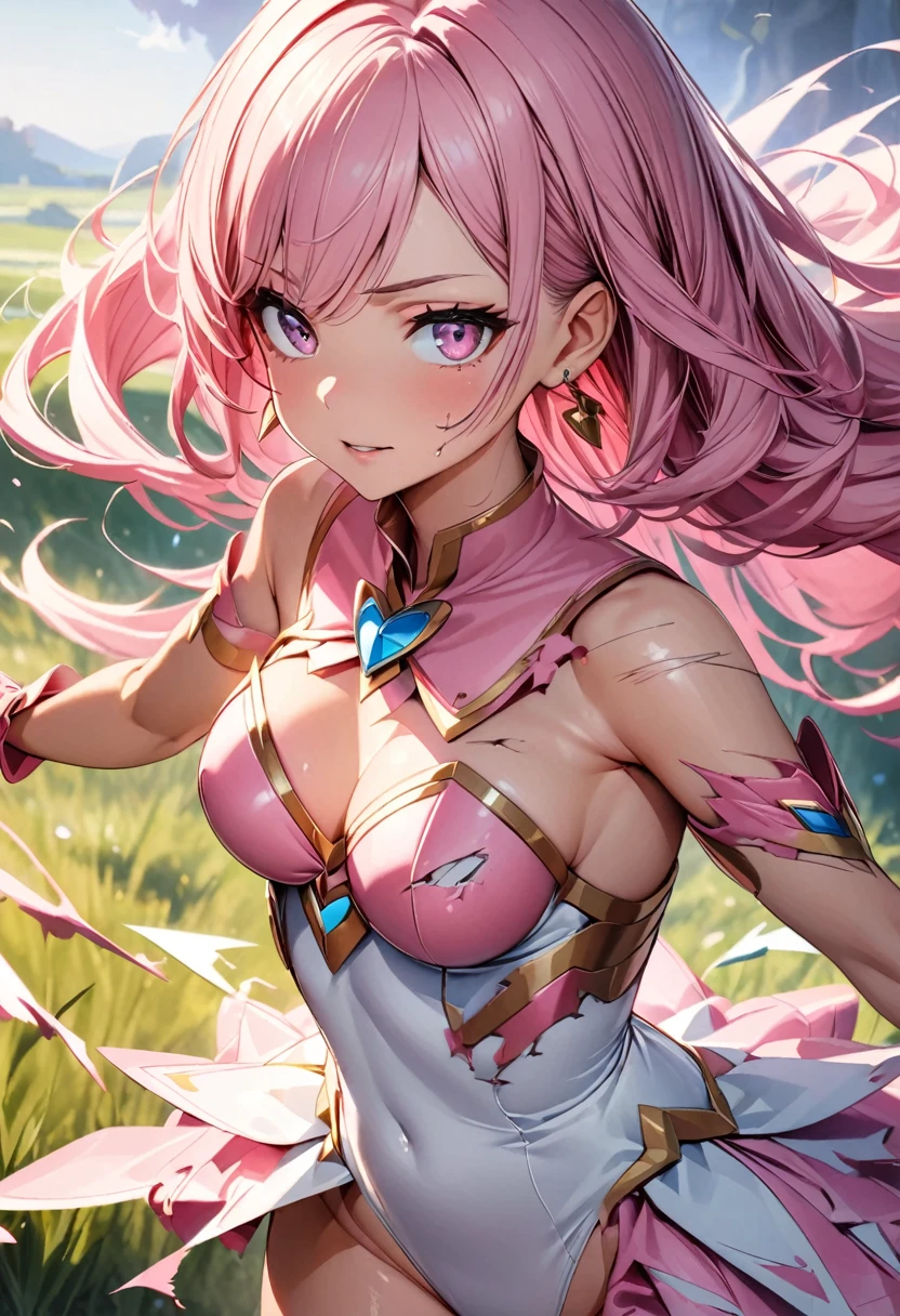 (Perfect Anatomy)、Mastepiece、Ultra High Quality、 8K、masterpiece、Highest quality、Ultra-high resolution、Maximum resolution、Very detailed、Professional Lighting、anime、woman、thin、so beautiful、Highly detailed eye、Highly detailed face、Golden earrings、Pink Hair,、Pink eyes, upper arm pink armor, white leotard, pink pattern, grassland, whole body, magical girl, Angel Girl, fighting pose, ((Clothes are torn and damaged))