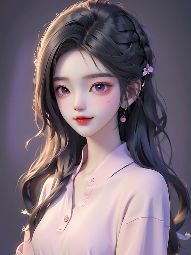 ((best quality)), ((masterpiece)), (detailed), 1girl,purple long hair, wear a red shirt,collar, long sleeve, upper body, tie, red berret, black writing on the shirt, smile,lilac eyes
