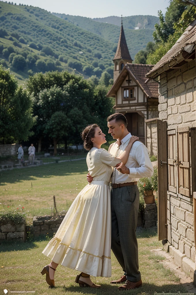 watercolor drawing in Retro-Look, rural saxones village in Transilvania with fortificated church of bazna, man and woman dance, full body shot, in the style of classic Americana, white background, Andrew Loomis style, Masterpiece work of art, 