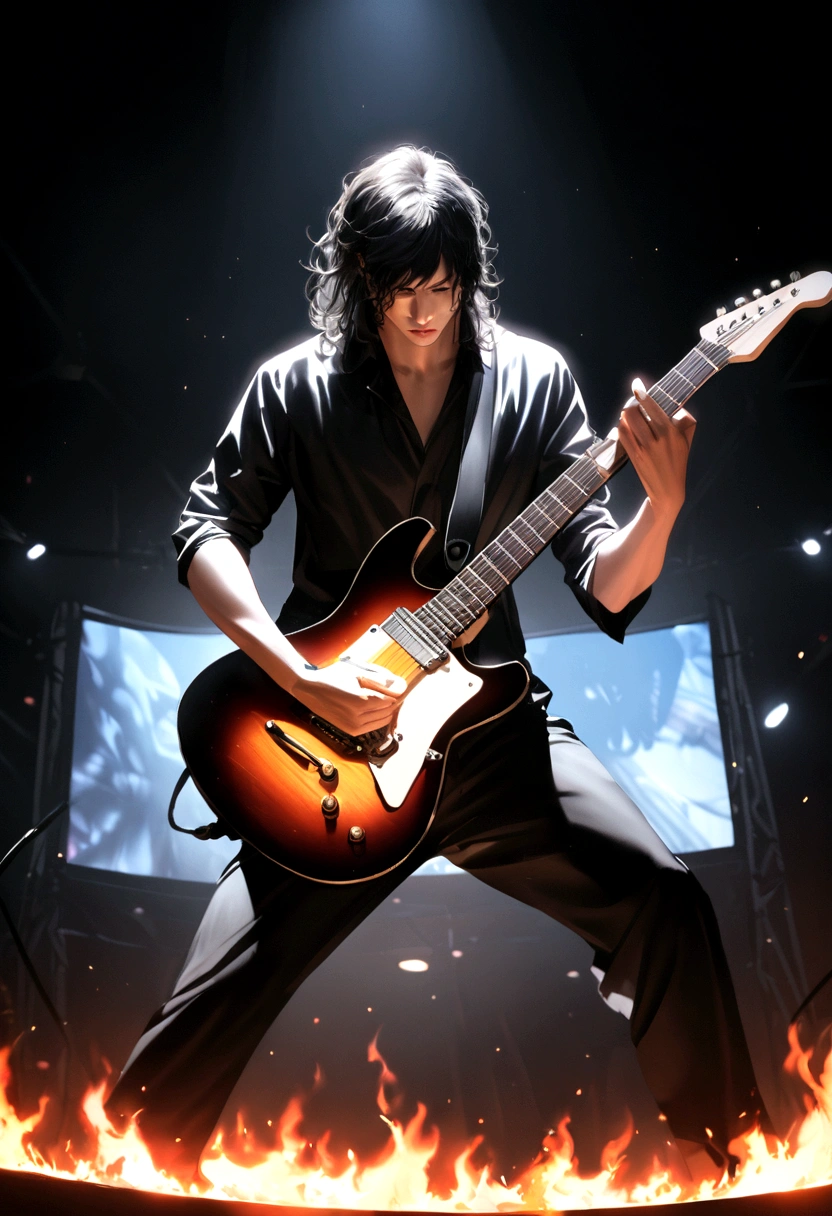 Rock bands. Caucasian guitarist, thin, Very long with black hair, His passion for black and white electric guitar. Playing on a professional stage with lights, haze, screen & flame. A hyper-realistic , profesional lighting,