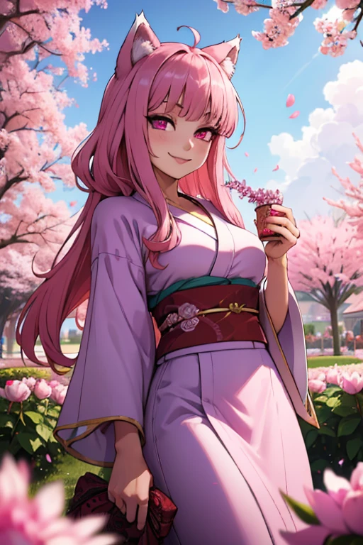 A young pink haired wolf woman with violet eyes and pink wolf ears and a pink wolf tail in a prettty kimono is smiling in a flurry of peony petals in a garden