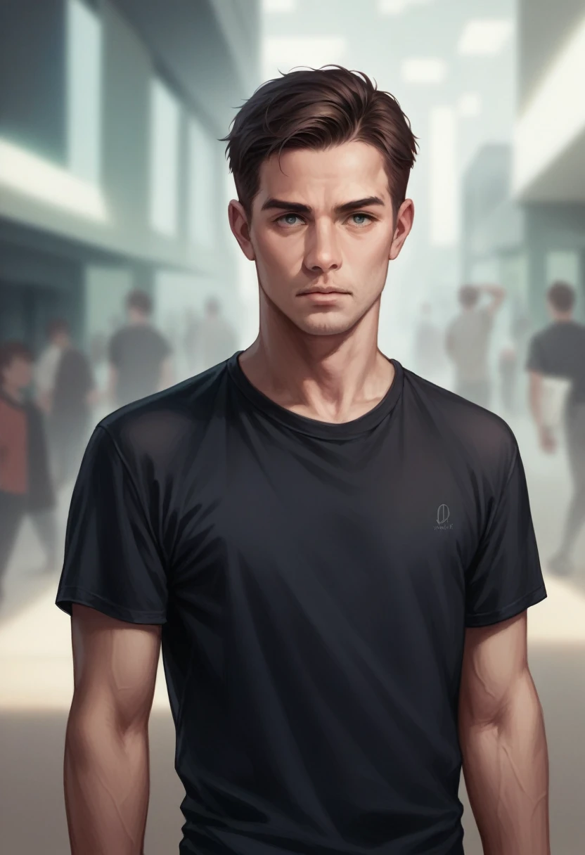 Highest quality, Ultra-high resolution, (Realistic:1.4), masterpiece, Blurred Background,indoor,One boy,40 years old,Are standing ,(View your viewers), Black Shirt,