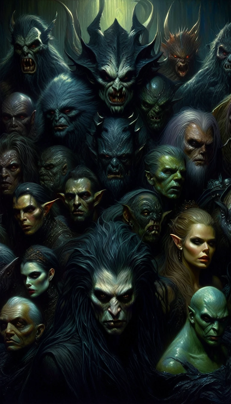 a group of monsters, club of monsters, dark fantasy, oil painting, detailed facial features, detailed skin textures, dramatic lighting, surreal, muted color palette, gothic, moody atmosphere, masterpiece, photorealistic, ultra-detailed, 8k, best quality