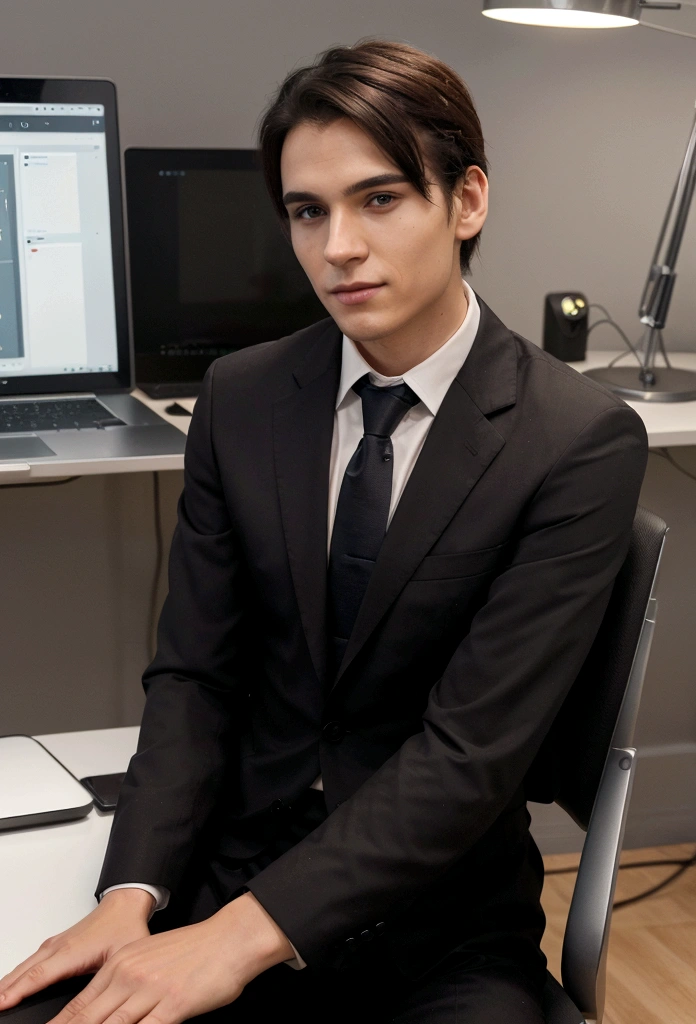Create a digital avatar for a business channel. The scene should feature a professional-looking young man sitting on a modern office chair. In front of him, there is a sleek desk with a MacBook Pro laptop placed on it. The setting is against a plain, solid color background. The shot should be medium, capturing the avatar from the waist up. The avatar is dressed in business casual attire, such as a collared shirt and no tie. The avatar should be engaging, with a friendly and approachable expression. The lighting should be bright and even to ensure clarity and focus on the avatar and the desk setup.