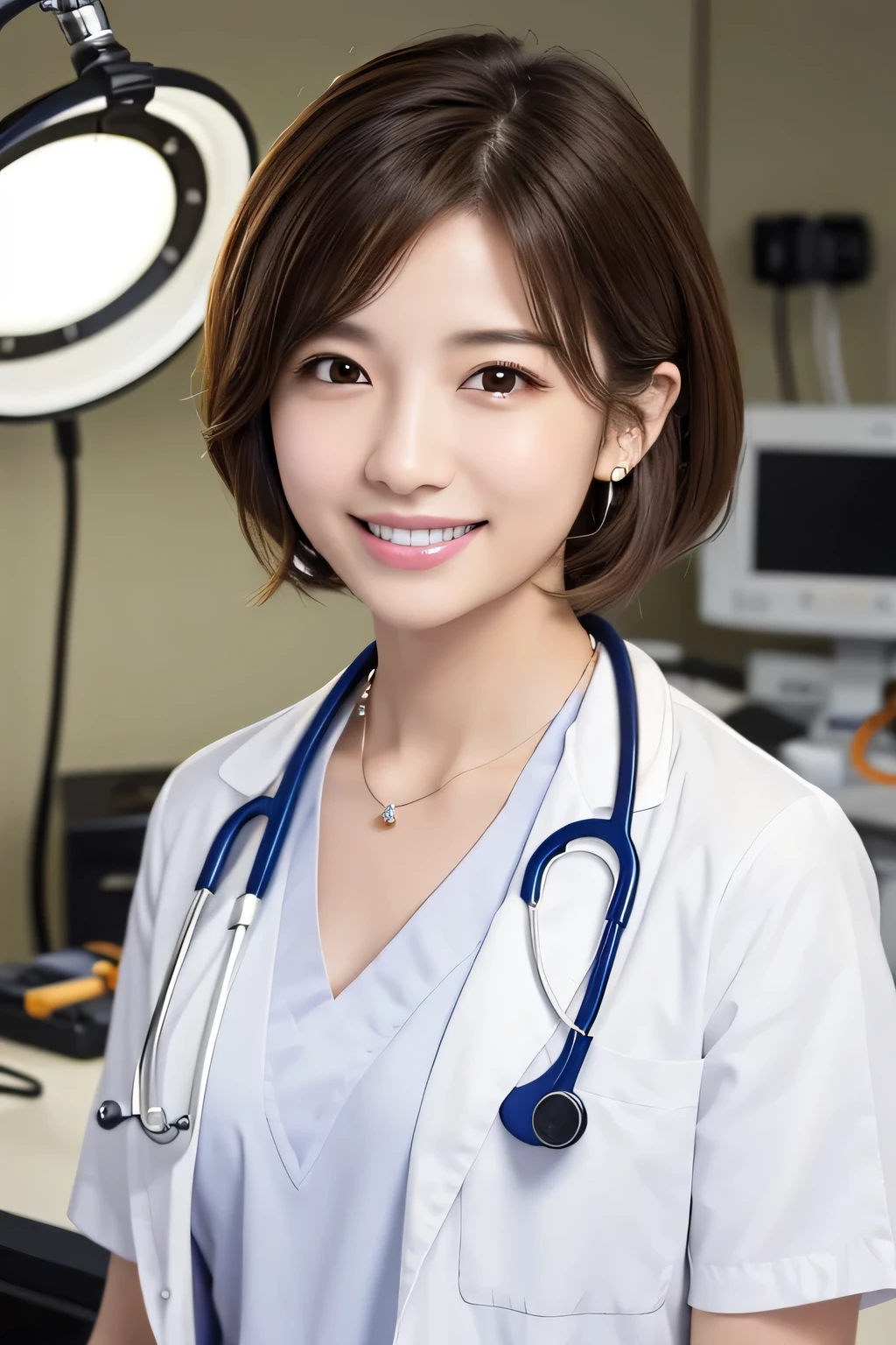 young woman、 Japanese women、Light brown hair、Necklace around the neck、White、Doctor's attire、Stethoscope、、smile、Emphasis on teeth、short hair、Wavy Hair、Intricate details, Very detailed:1.2), 、 Looking into the camera,The background is the operating room...、ear piercing
